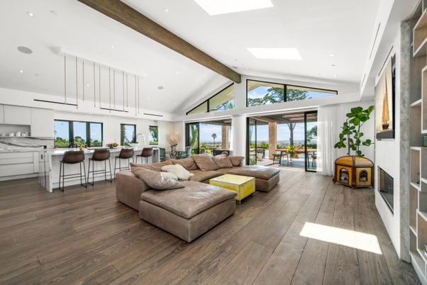 Interior, Kitchen, Living room, Pendant Lights, Recessed Lighting, Wooden Beams, Wood Texture Flooring