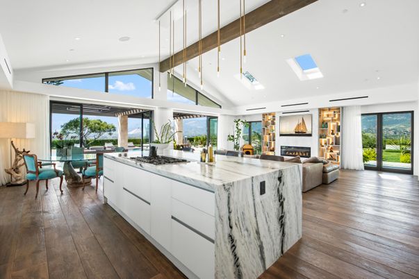 Dining room, Fireplace, Interior, Kitchen, Living room, Pendant Lights, Recessed Lighting, Wood Texture Flooring