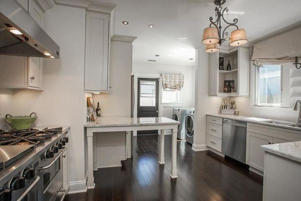 Interior, Kitchen, Recessed Lighting, Washer, Wood Texture Flooring