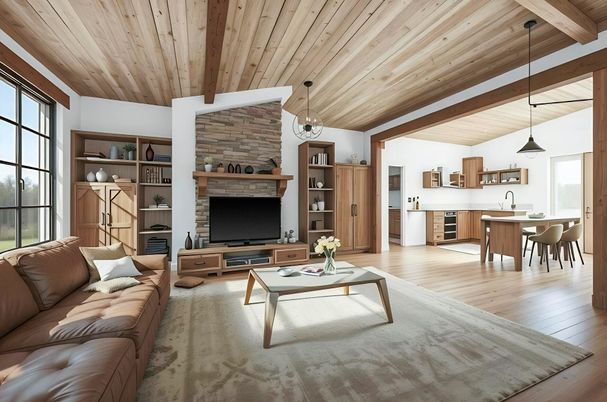 Dining room, Fireplace, Interior, Kitchen, Living room, Pendant Lights, Stone Walls, Wooden Beams, Wooden Ceilings, Wood Texture Flooring