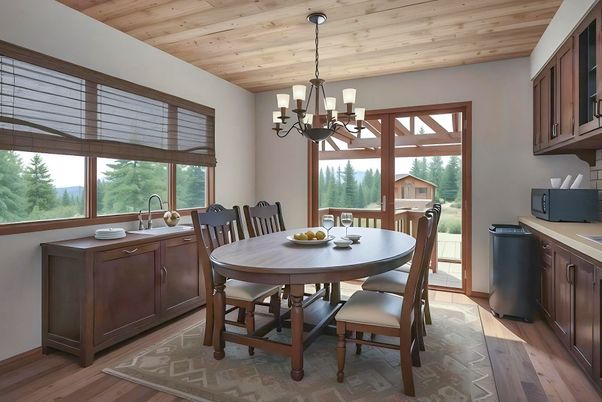 Chandelier, Dining room, Interior, Wooden Ceilings, Wood Texture Flooring