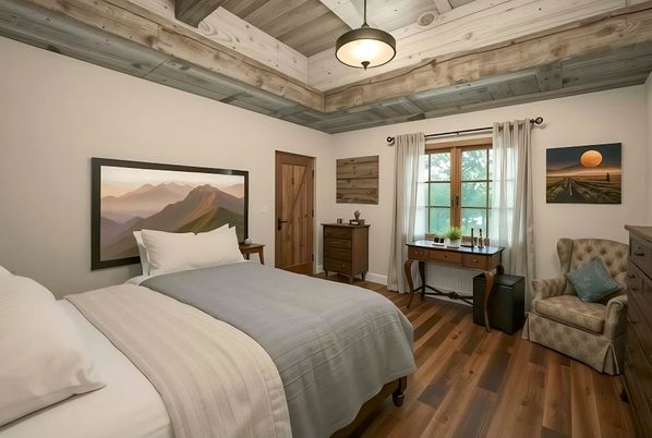 Bedroom, Interior, Pendant Lights, Wooden Beams, Wooden Ceilings, Wood Texture Flooring