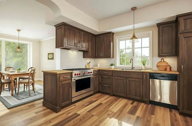 Dining room, Interior, Kitchen, Pendant Lights, Stainless Steel Appliances, Wood Texture Flooring