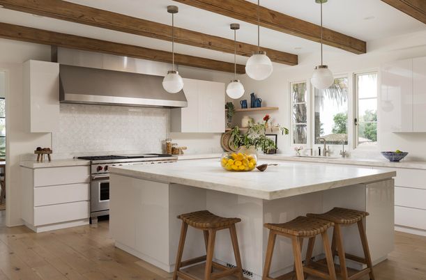 Interior, Kitchen, Pendant Lights, Recessed Lighting, Stainless Steel Appliances, Wooden Beams, Wood Texture Flooring