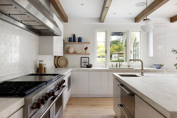 Interior, Kitchen, Pendant Lights, Recessed Lighting, Stainless Steel Appliances, Wooden Beams, Wood Texture Flooring