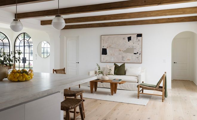 Dining room, Interior, Living room, Pendant Lights, Wooden Beams, Wood Texture Flooring