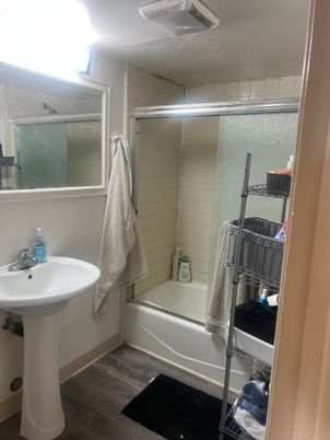 Bathroom, Glass Shower, Interior, Wood Texture Flooring