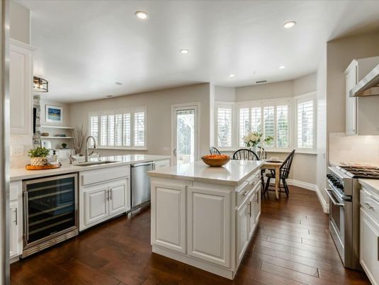 Dining room, Interior, Kitchen, Recessed Lighting, Stainless Steel Appliances, Wood Texture Flooring