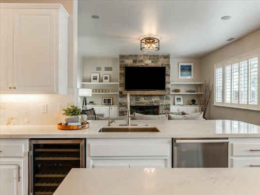 Fireplace, Interior, Kitchen, Recessed Lighting, Stainless Steel Appliances