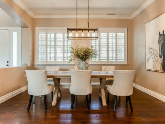 Dining room, Interior, Pendant Lights, Wood Texture Flooring