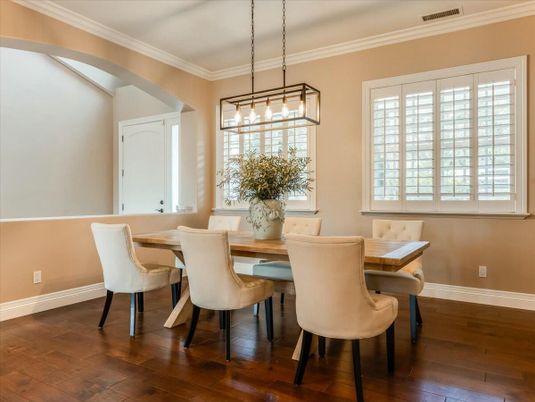 Dining room, Interior, Pendant Lights, Wood Texture Flooring