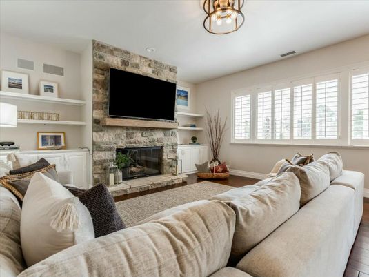 Fireplace, Interior, Living room, Stone Walls, Wood Texture Flooring