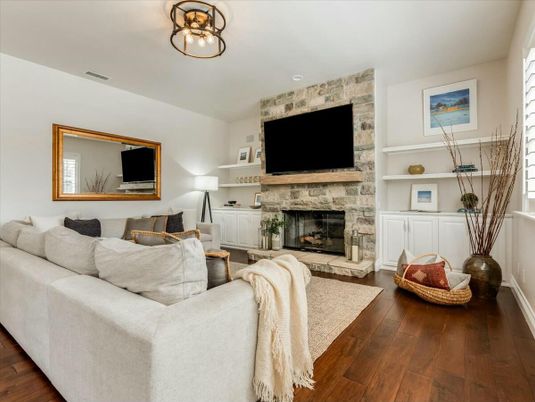 Fireplace, Interior, Living room, Stone Walls, Wood Texture Flooring