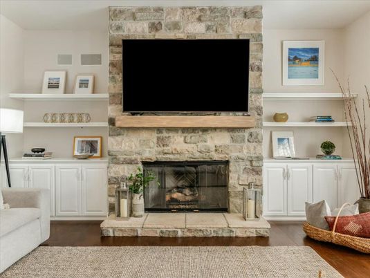 Fireplace, Interior, Stone Walls, Wood Texture Flooring