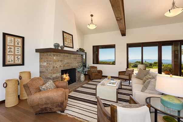 Fireplace, Interior, Living room, Pendant Lights, Water, Wood Texture Flooring