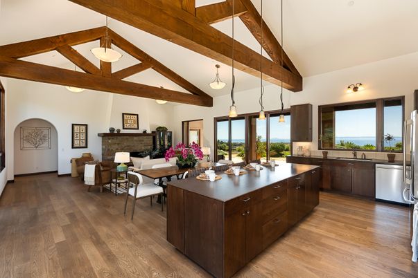 Dining room, Fireplace, Interior, Kitchen, Living room, Pendant Lights, Wooden Beams, Wood Texture Flooring