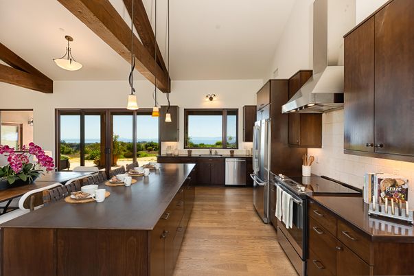 Interior, Kitchen, Pendant Lights, Stainless Steel Appliances, Wooden Beams, Wood Texture Flooring