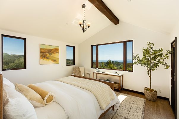 Bedroom, Chandelier, Interior, Pendant Lights, Wooden Beams, Wood Texture Flooring