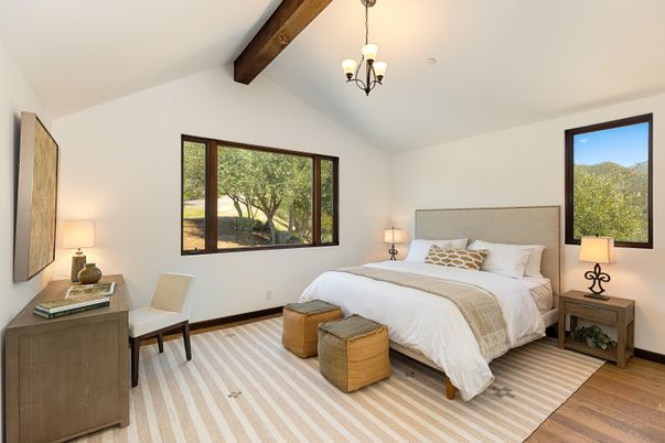 Bedroom, Chandelier, Interior, Pendant Lights, Wooden Beams, Wood Texture Flooring