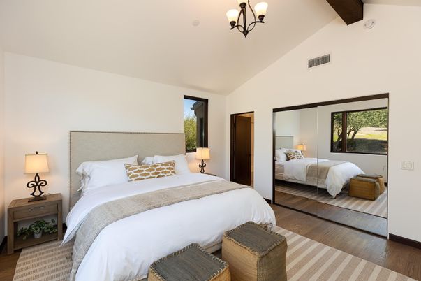 Bedroom, Interior, Pendant Lights, Wooden Beams, Wood Texture Flooring