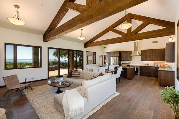 Dining room, Interior, Kitchen, Living room, Pendant Lights, Wooden Beams, Wood Texture Flooring