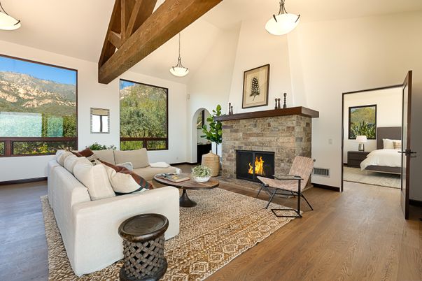 Bedroom, Fireplace, Interior, Living room, Pendant Lights, Wooden Beams, Wood Texture Flooring