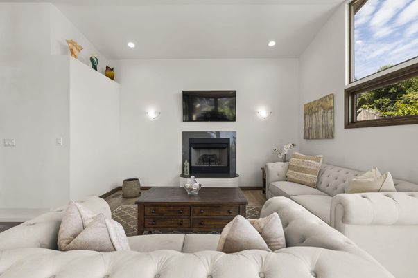 Fireplace, Interior, Living room, Recessed Lighting, Wood Texture Flooring