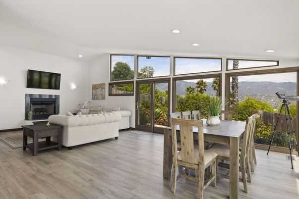 Dining room, Fireplace, Interior, Living room, Recessed Lighting, Wood Texture Flooring