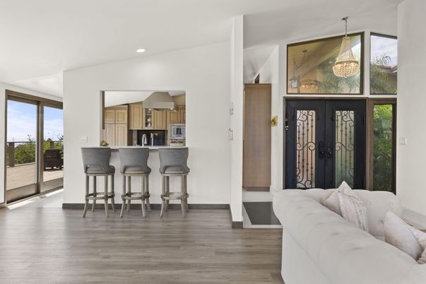 Chandelier, Interior, Kitchen, Recessed Lighting, Stainless Steel Appliances, Wood Texture Flooring