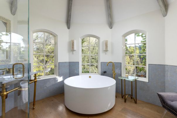 Bathroom, Free Standing Baths, Interior, Wooden Beams, Wood Texture Flooring