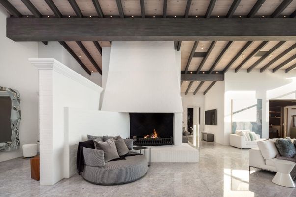 Fireplace, Interior, Living room, Recessed Lighting, Wooden Beams, Wooden Ceilings