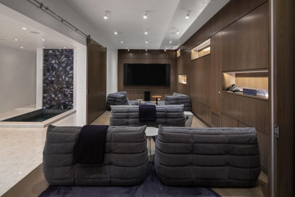 Home Theatre Room, Interior, Living room, Recessed Lighting, Theatre Room, Wooden Walls