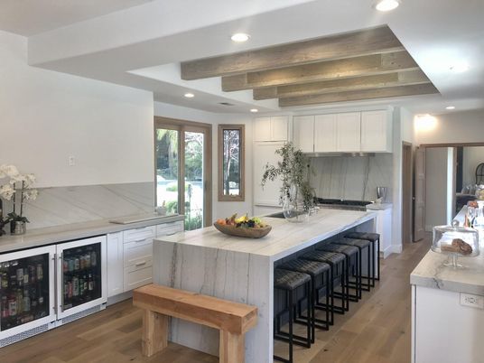 Interior, Kitchen, Marble Walls, Recessed Lighting, Stainless Steel Appliances, Wooden Beams, Wood Texture Flooring