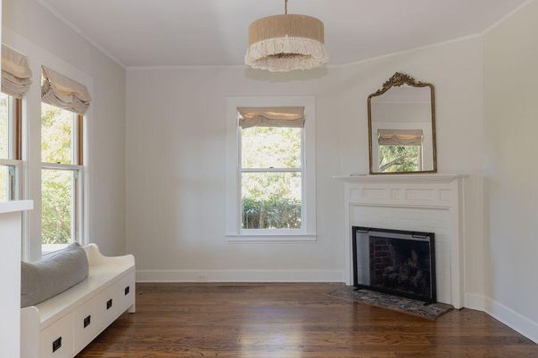 Fireplace, Interior, Pendant Lights, Wood Texture Flooring