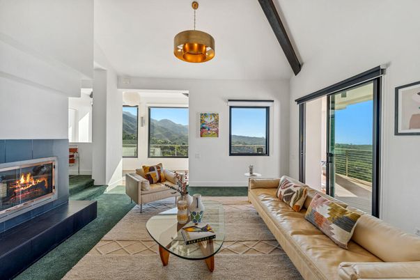 Fireplace, Interior, Living room, Pendant Lights, Wooden Beams