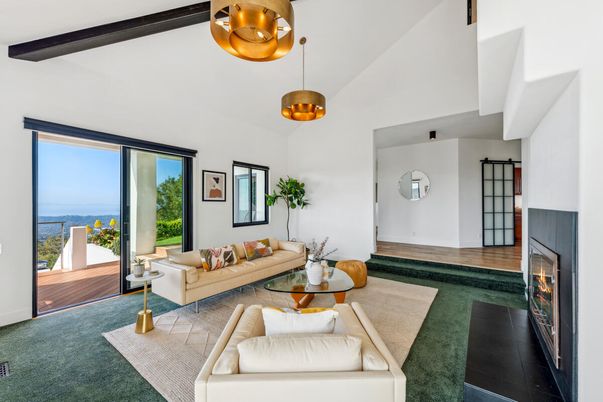 Fireplace, Interior, Living room, Pendant Lights, Water, Wooden Beams