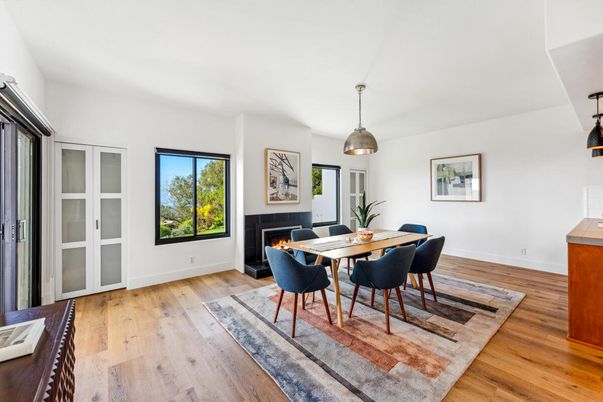 Dining room, Fireplace, Interior, Pendant Lights, Wood Texture Flooring