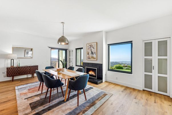 Dining room, Fireplace, Interior, Pendant Lights, Wood Texture Flooring