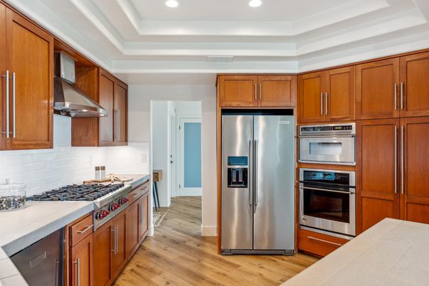 Interior, Kitchen, Recessed Lighting, Stainless Steel Appliances, Wood Texture Flooring