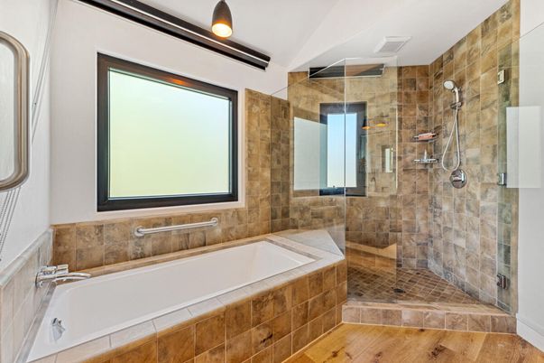 Bathroom, Glass Shower, Interior, Wood Texture Flooring