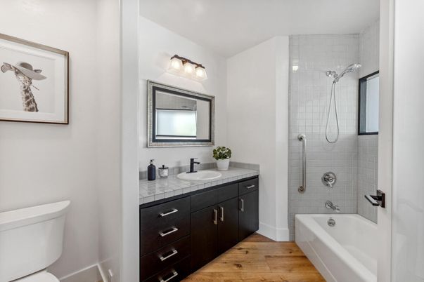 Bathroom, Interior, Tile Countertops, Wood Texture Flooring