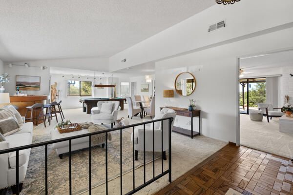 Dining room, Interior, Living room, Pendant Lights, Wood Texture Flooring