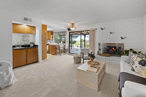Dining room, Fireplace, Interior, Kitchen, Living room, Stone Walls