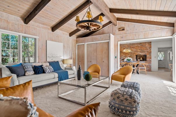 Chandelier, Dining room, Fireplace, Interior, Living room, Stone Walls, Wooden Beams, Wooden Ceilings, Wooden Walls