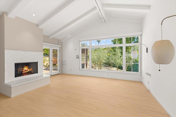 Empty room, Fireplace, Interior, Recessed Lighting, Wood Texture Flooring