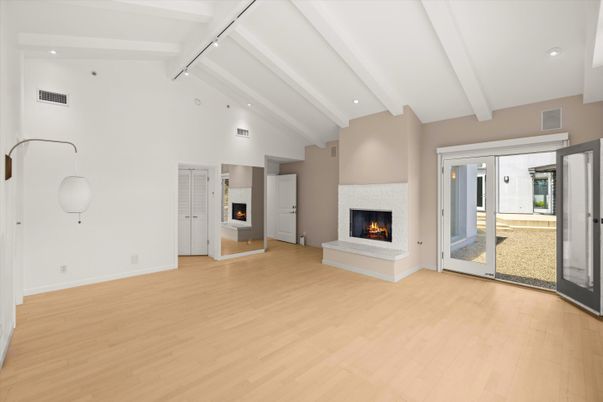 Empty room, Fireplace, Interior, Recessed Lighting, Wood Texture Flooring