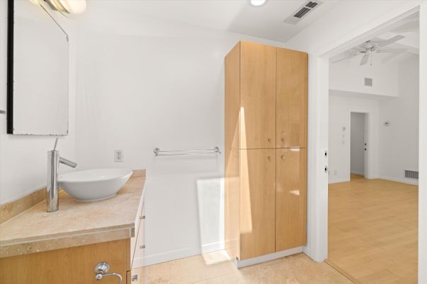 Bathroom, Dual Sink Vanities, Interior, Recessed Lighting, Wood Texture Flooring