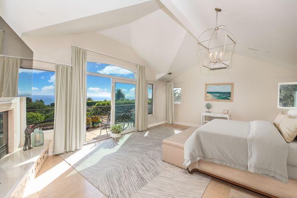 Bedroom, Fireplace, Interior, Pendant Lights, Wood Texture Flooring