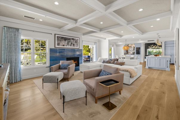 Dining room, Fireplace, Interior, Living room, Pendant Lights, Recessed Lighting, Wood Texture Flooring