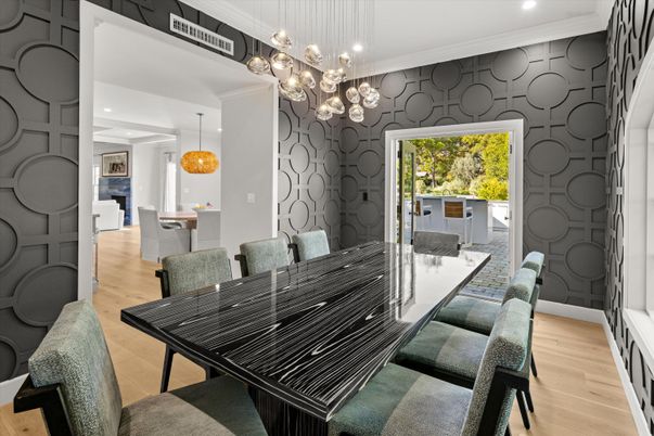 Dining room, Interior, Pendant Lights, Recessed Lighting, Wood Texture Flooring